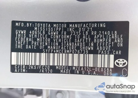 2021 Toyota Corolla Se из США, поврежденный, VIN 5YFP4MCE8MP076739